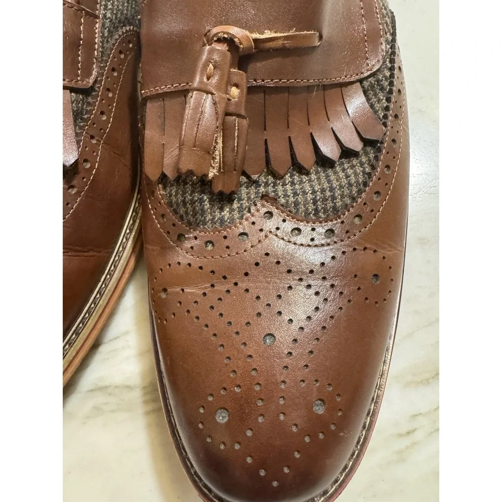 Vintage Foundry Co Wingtip Tassel Loafers Brown Leather Tweed Men's Slip On- 12